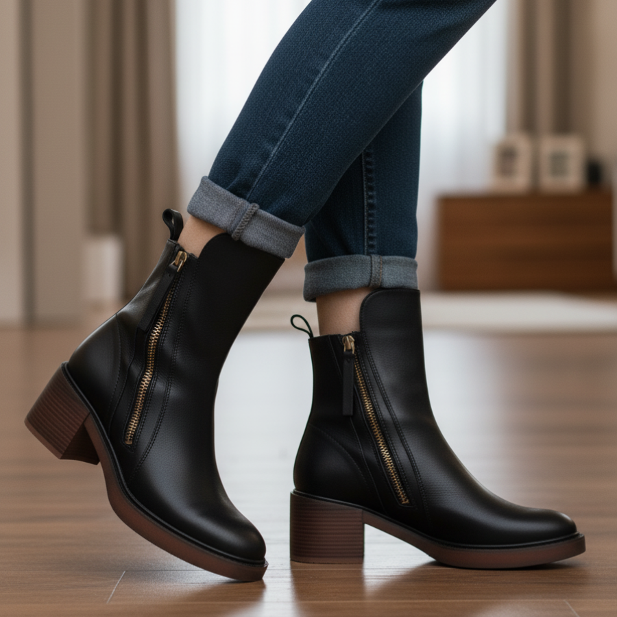 Valorine| Bota de cuero negra con tacón cómodo, elegante y atemporal.