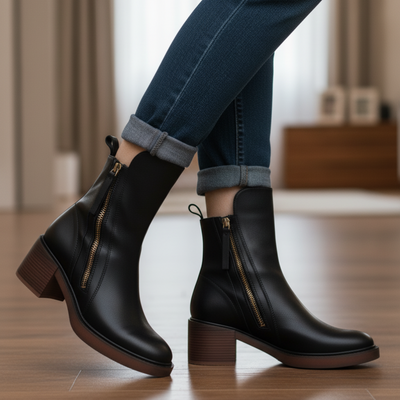 Valorine| Bota de cuero negra con tacón cómodo, elegante y atemporal.