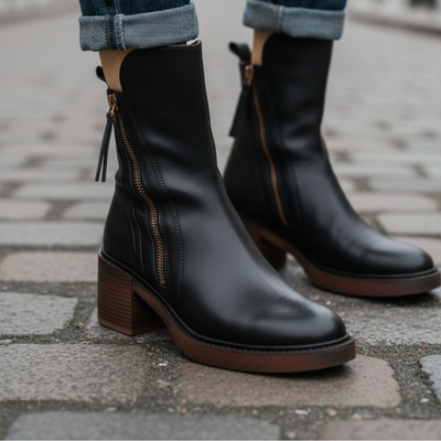 Valorine| Bota de cuero negra con tacón cómodo, elegante y atemporal.