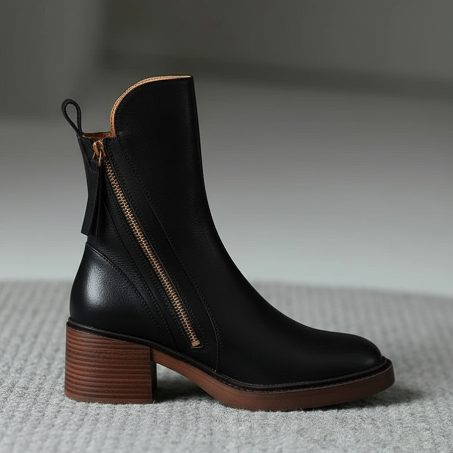 Valorine| Bota de cuero negra con tacón cómodo, elegante y atemporal.