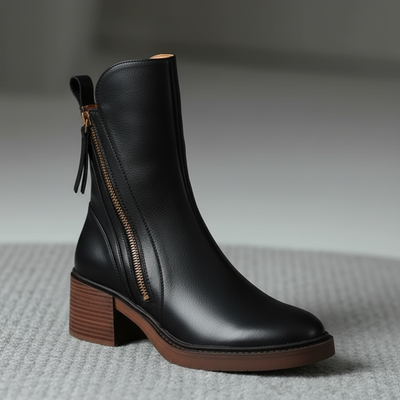 Valorine| Bota de cuero negra con tacón cómodo, elegante y atemporal.